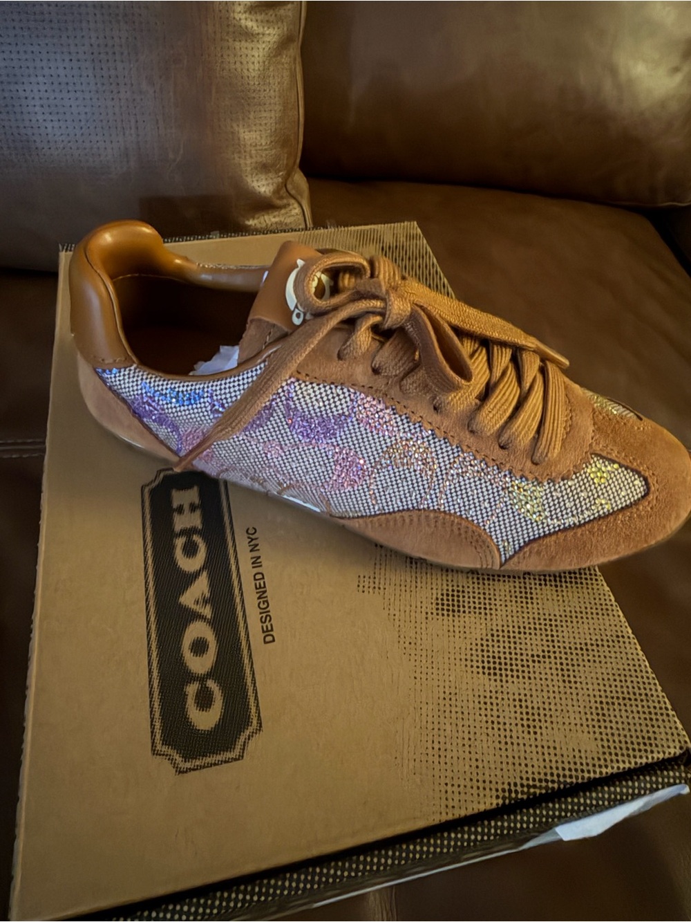 Coach Brown Suede Sneakers with Iridescent Crystal Panels